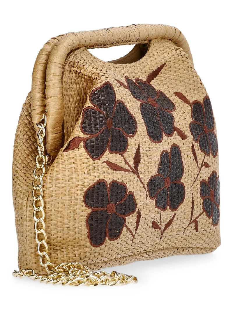 Time and Tru Women's Embroidered Straw Frame Clutch Handbag, Natural | Walmart (US)