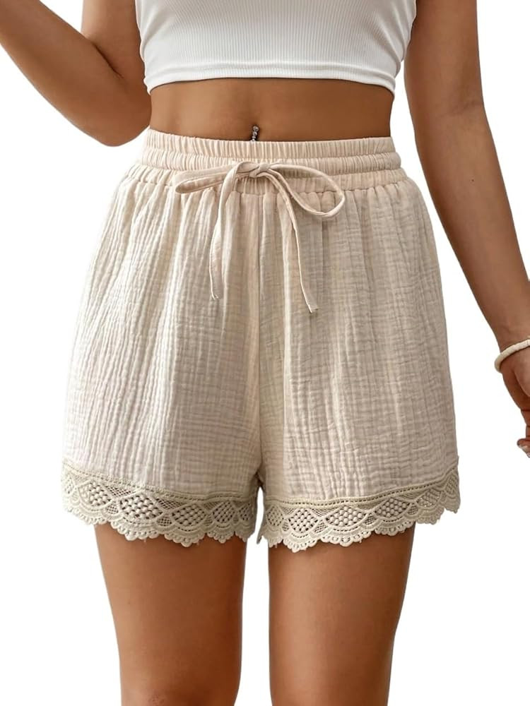 Women's 2024 Summer Casual Plain Shorts Feminine Lace Drawstring Waist Shorts for Women | Amazon (US)