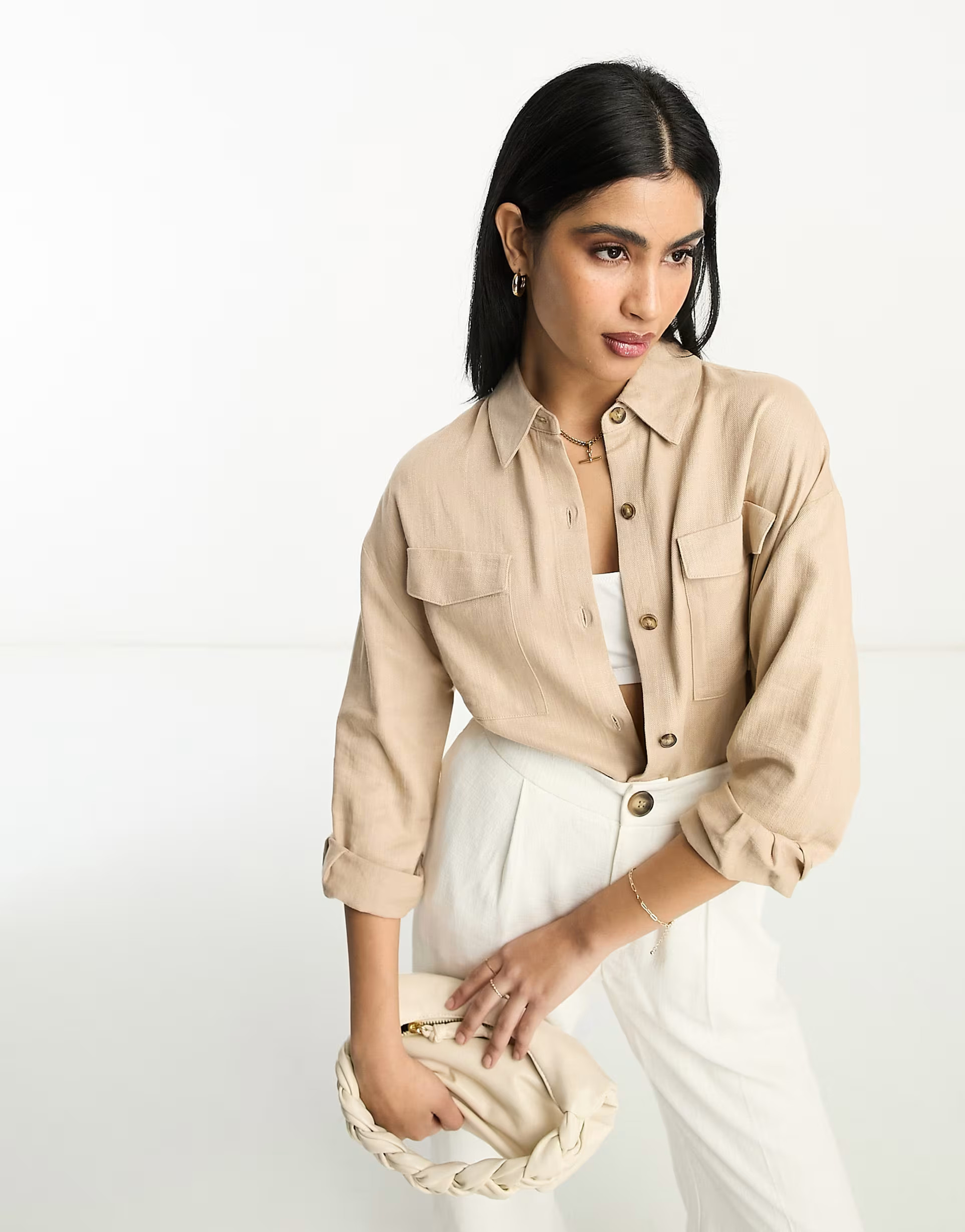 ASOS DESIGN linen utility shirt in neutral | ASOS (Global)