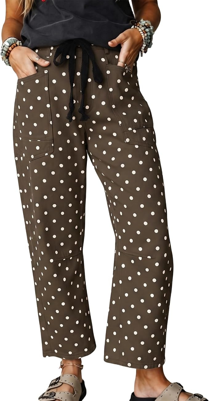 Hixiaohe Polka Dot Pants for Women Casual Boho Barrel Pants Cotton High Waist Drawstring Wide Leg... | Amazon (US)