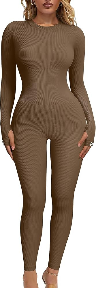 OQQ Women‘s Yoga Jumpsuits Ribbed Long Sleeve Crew Neck Tops Sport Jumpsuits | Amazon (US)