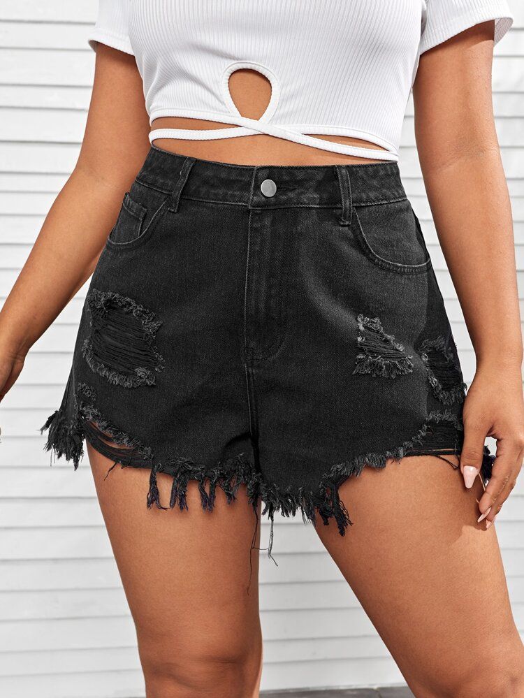 Plus Ripped Raw Hem Denim Shorts | SHEIN