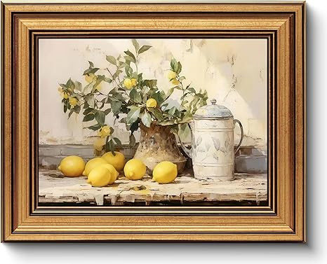 Myzoran Vintage Gold Framed Kitchen Wall Art,Yellow Lemon Still Life Wall Decor, Rustic Farmhouse... | Amazon (US)