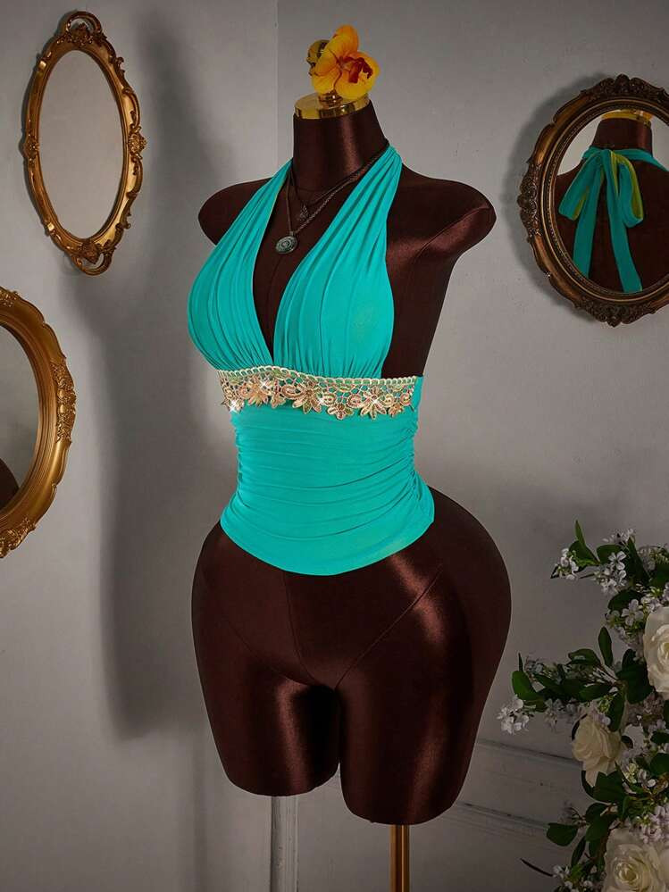 Amplova Women Floral Embroidered Decor Halter Neck Top Teal | SHEIN