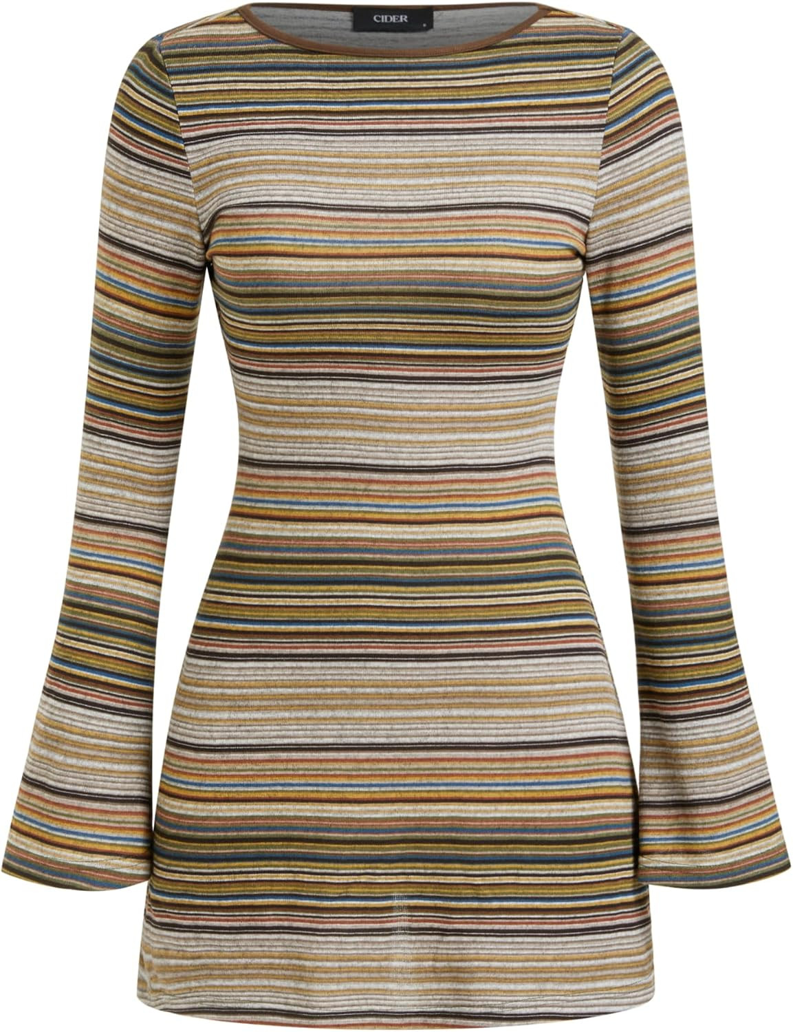 CIDER Women's Striped Jersey Boat Neck Bell Sleeve Flared Mini Dress | Amazon (US)