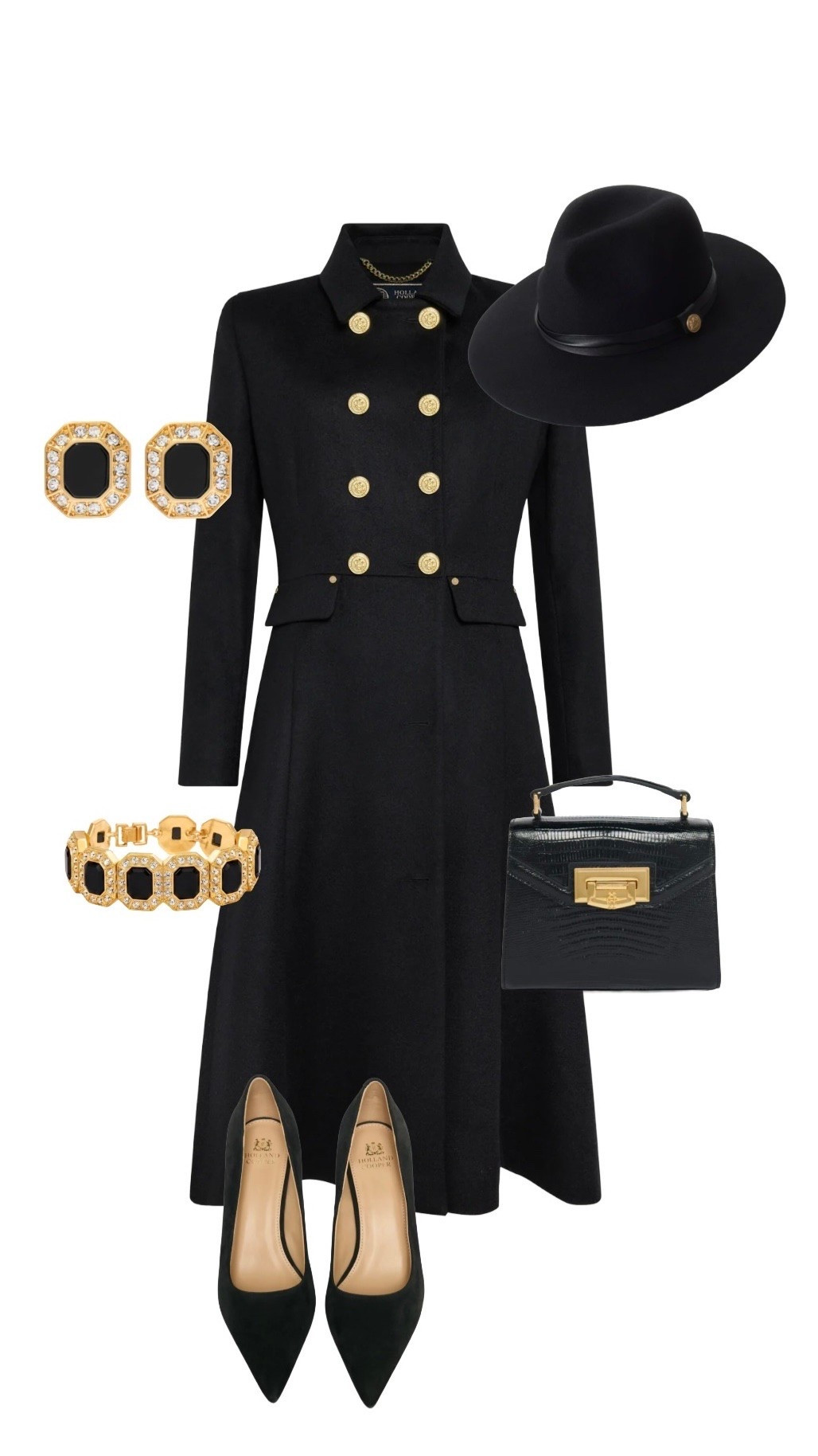 Black is the new BLACK! Catch these timelessly elegant black styles 
at Holland Cooper - the star of the show being the black wool fit and flare coat with gold buttons which deserves to be styled up with equally glamorous accessories✨

Black Windsor Fit & Flare Coat

Black Trilby Hat 

Black Onyx Clip Earrings & Bracelet

Black Lizard-Effect Leather Mini 
Cheltenham Bag 

Black Suede Chelsea ‘Wear All Day’ Heels

#LTKeurope #LTKFashionMonth #LTKbag #LTKshoes #LTKstyletip

#LTKluxury #LTKautumn #LTKuk
