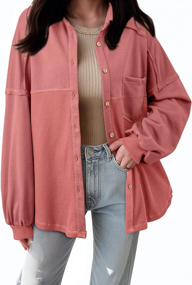 SHEWIN Womens Waffle Knit Shackets Fall Fashion Button Down Shirt Jacket Loose Long Sleeve Tops W... | Amazon (US)