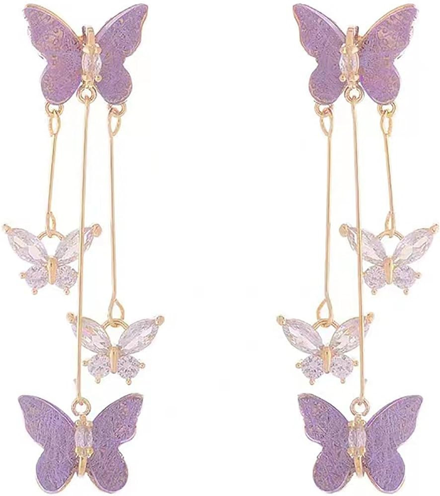 Purple Butterfly Tassel Earrings for Women Crystal Rhinestone Drop Earrings Animal Drop Dangle Ch... | Amazon (US)