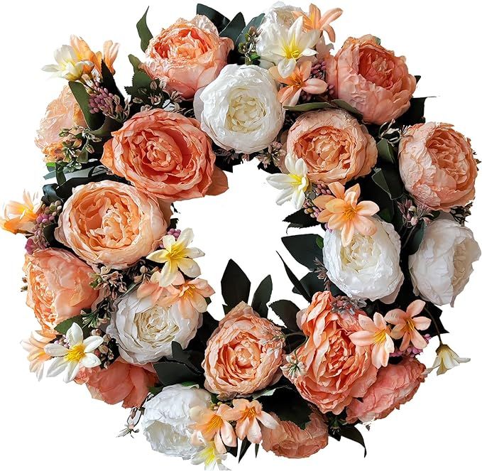 WANNA-CUL 20 Inch Spring Wreath for Front Door Decor with White and Champagne Gold Rose Flower fo... | Amazon (US)