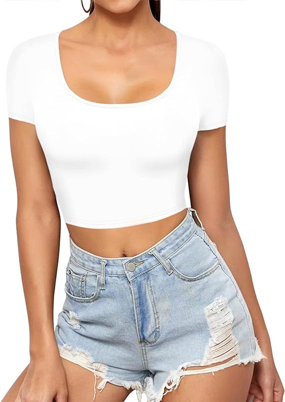 ALGALAROUND Crop Tops for Women Basic Scoop Neck Short Sleeve T-Shirts | Amazon (US)