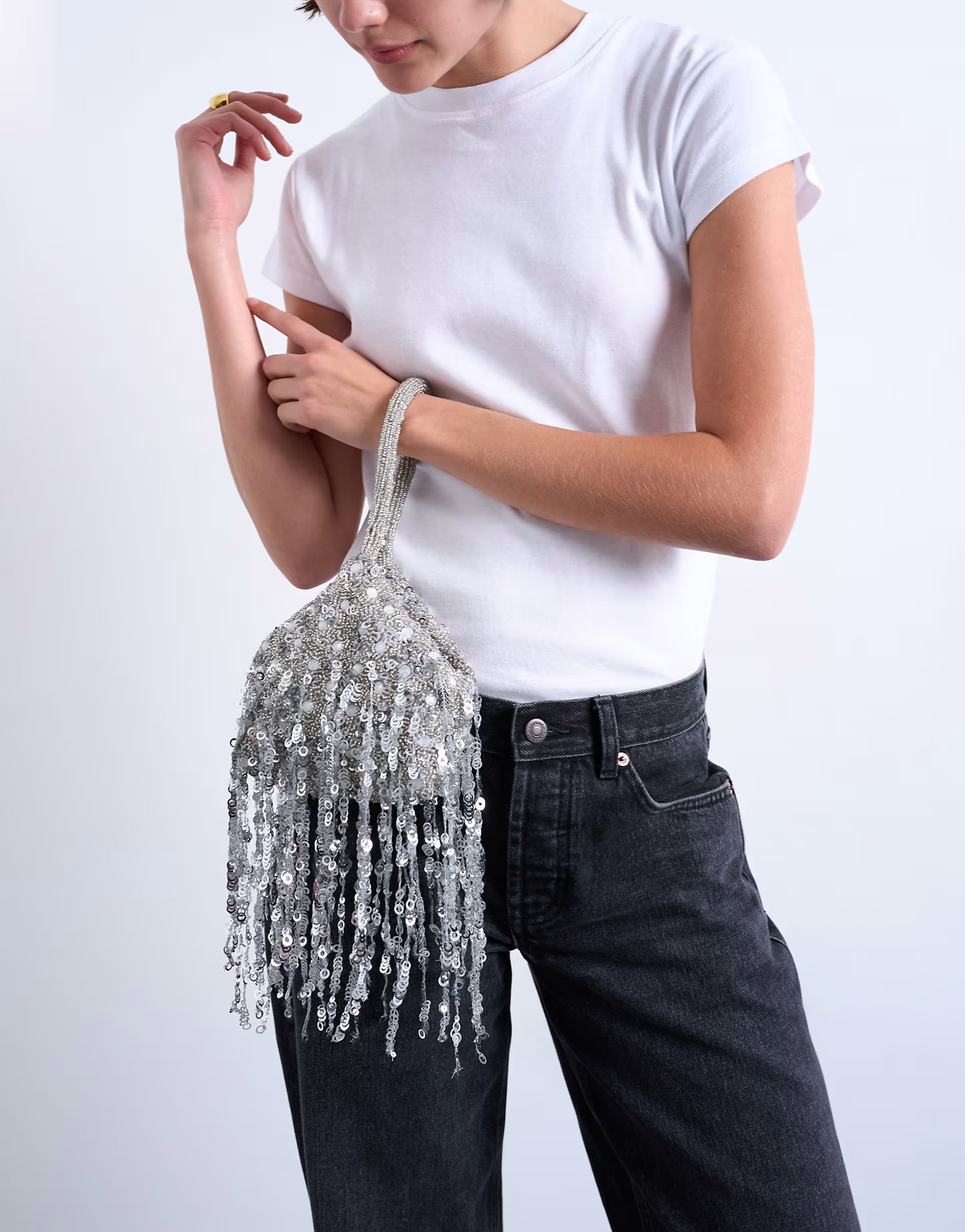 Topshop Giana sequin tassel grab bag in silver | ASOS (Global)