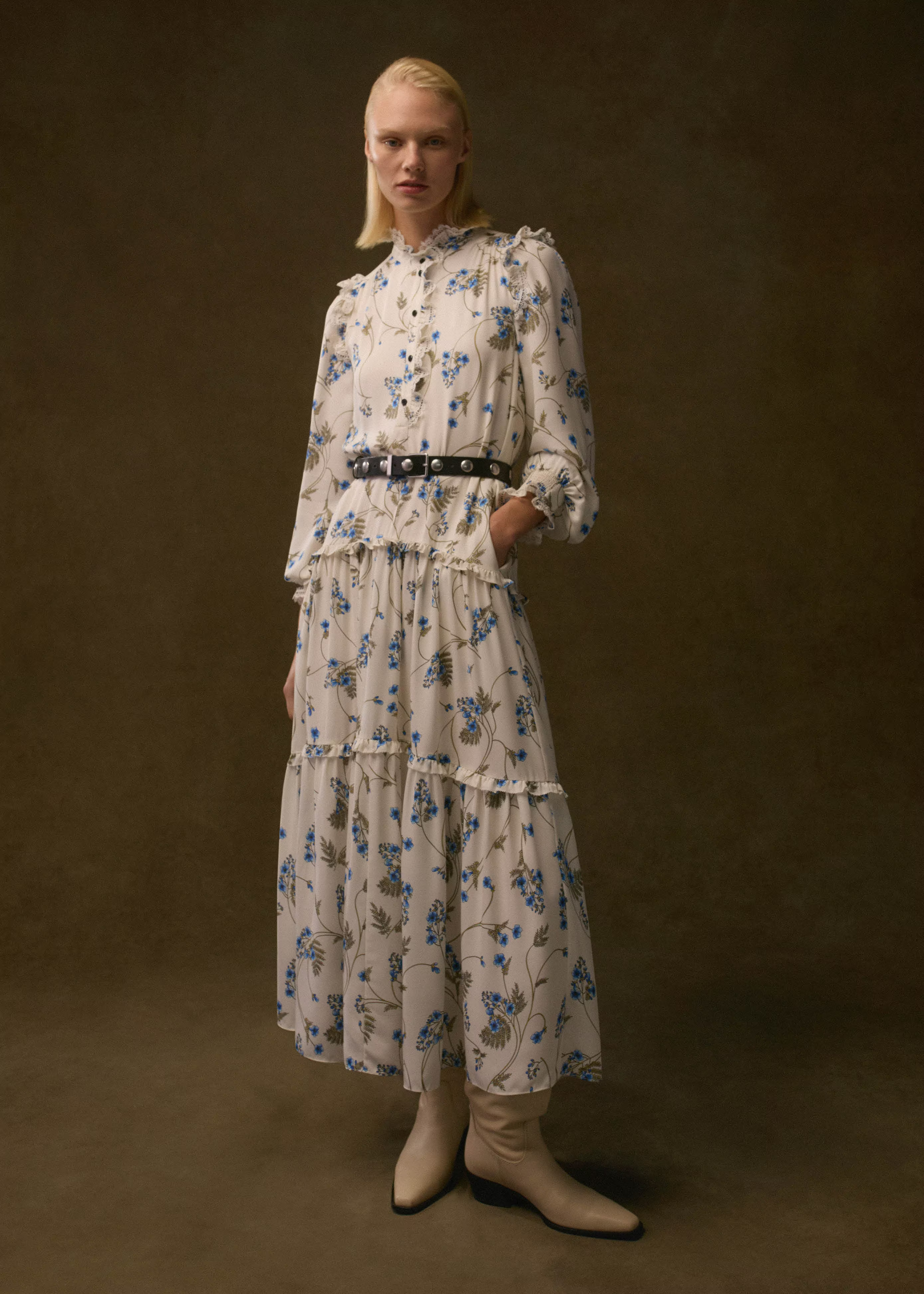 Women's Cream Silk Forget-Me-Not Print Maxi Dress | ME+EM | ME+EM US