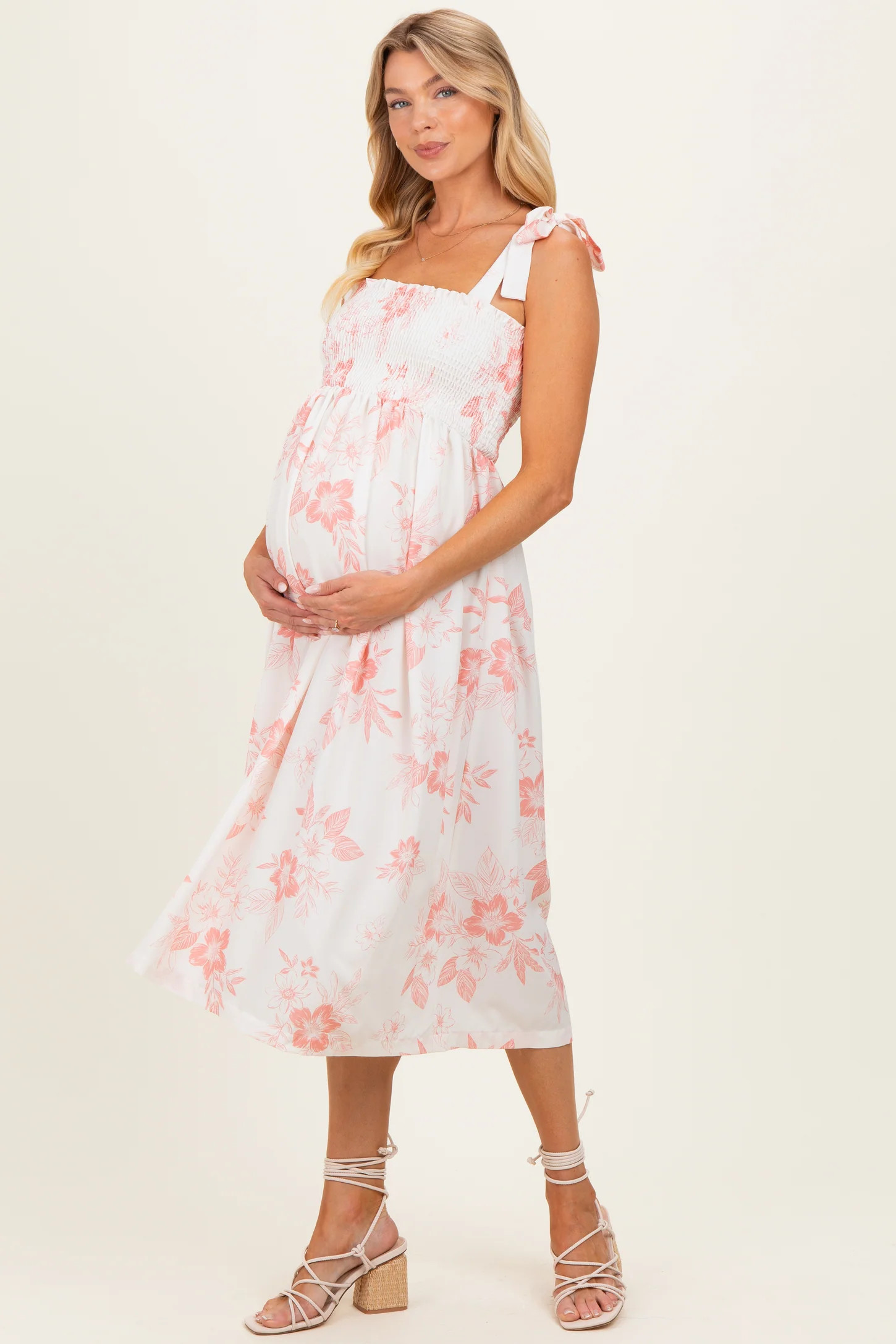 Peach Floral Smocked Maternity Midi Dress | PinkBlush Maternity