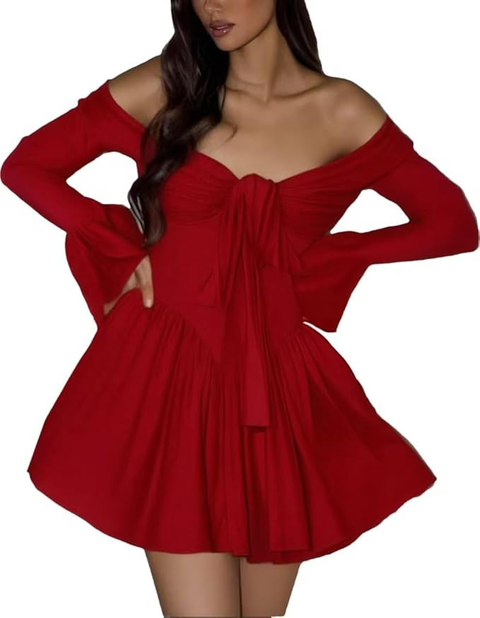 Women's Bow Mini Dress Black&White Backless Dress Low Cut Neckline Mini Dress Long Sleeve Club Dr... | Amazon (US)