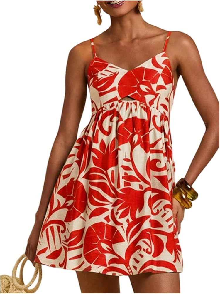 MakeMeChic Women's Summer Floral Boho Mini Dress A Line Smocked Beach Vacation Dresses Sundress | Amazon (US)