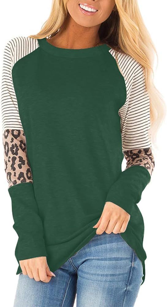 Women's Long Sleeve Leopard Color Block Tunic Comfy Stripe Round Neck T Shirt Tops | Amazon (US)