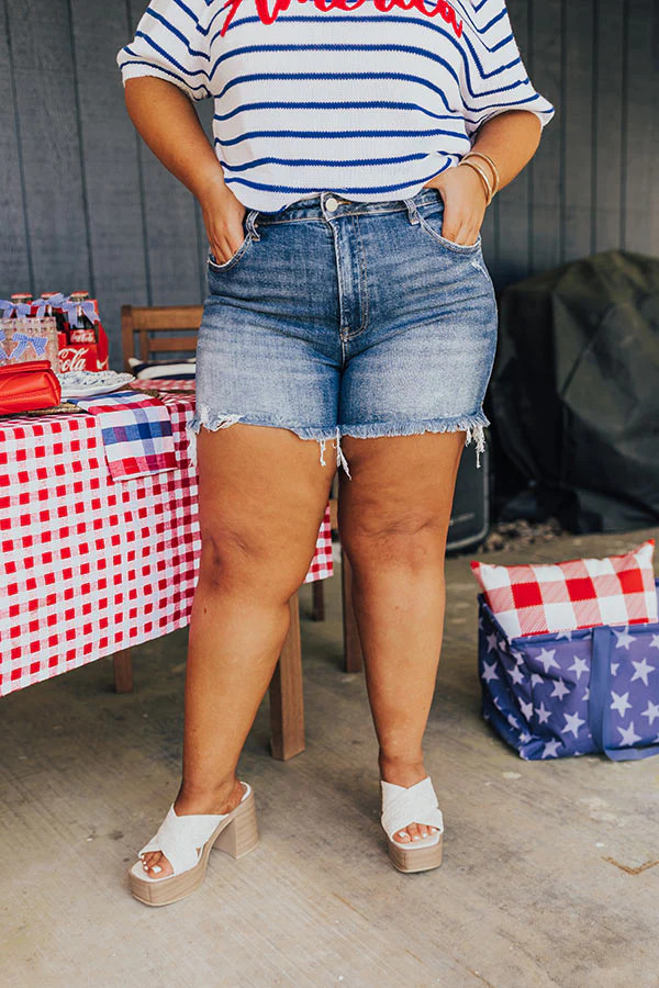 Risen Maeve High Waist Frayed Shorts in Medium Wash Curves | Impressions Online Boutique