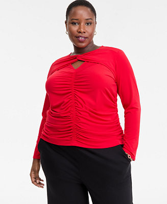 Plus Size Twist-Keyhole Ruched-Front Top, Macy's Exclusive | Macy's
