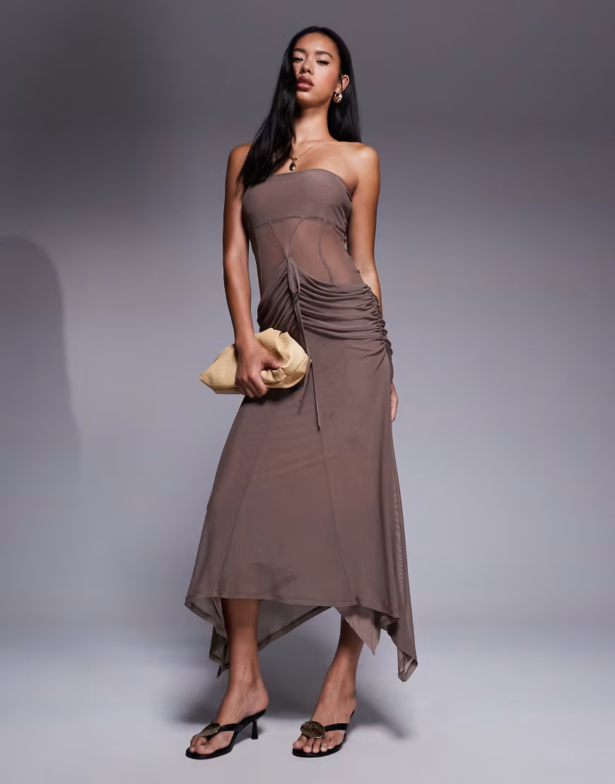 ASOS DESIGN mesh corsetted bandeau maxi dress in chocolate-Brown | ASOS (Global)