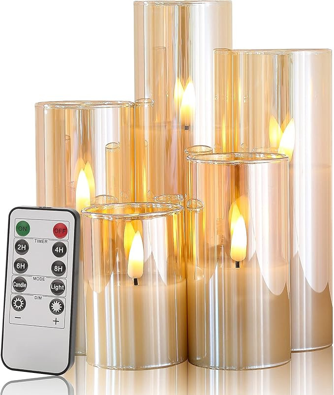 Eywamage Slim Gold Glass Flameless Candles Batteries Included, Flickering LED Pillar Candles with... | Amazon (US)
