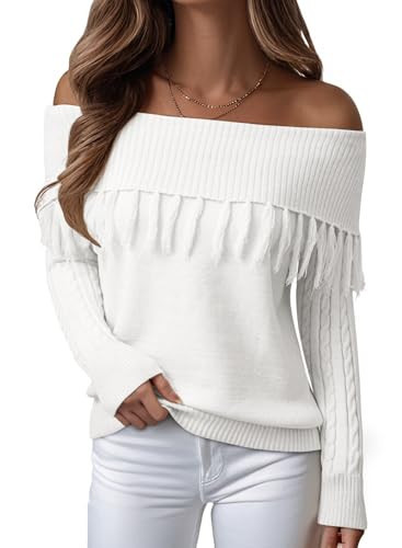 EVALESS Womens Off The Shoulder Sweater Fall Fringe Long Sleeve Loose Pullover Sweaters Tops White L | Amazon (US)
