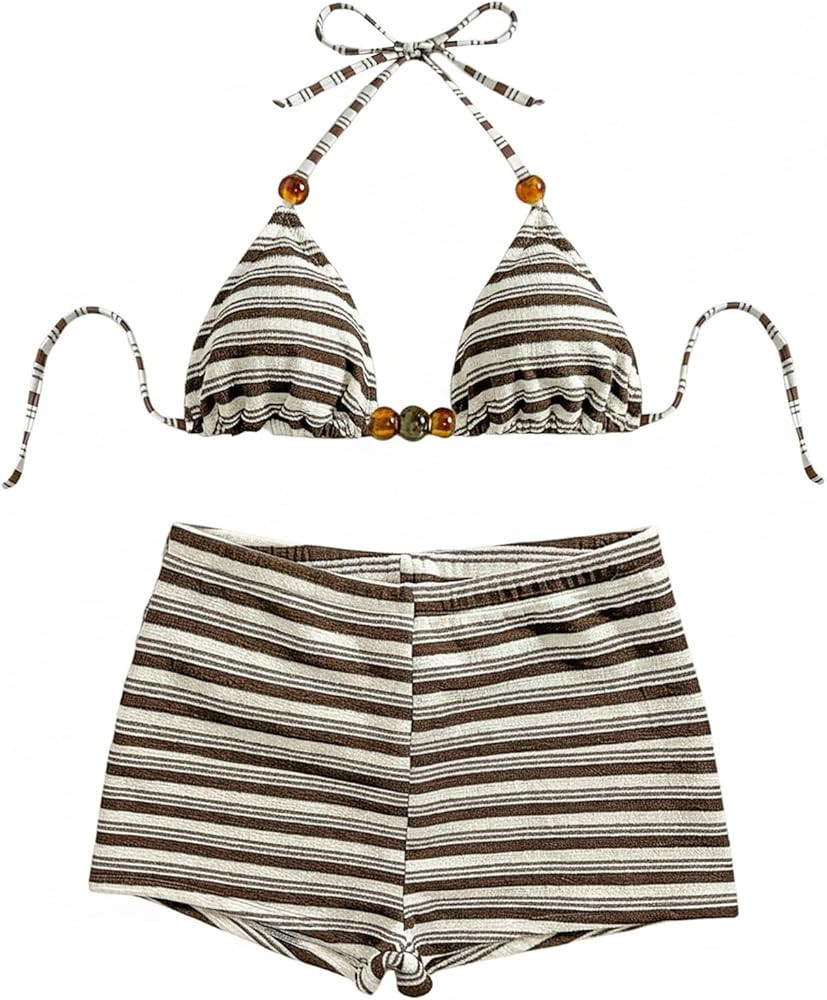 WDIRARA Women's Striped Halter Bikini Set Beaded Triangle Swimsuit 2 Piece Bathing Suit | Amazon (US)