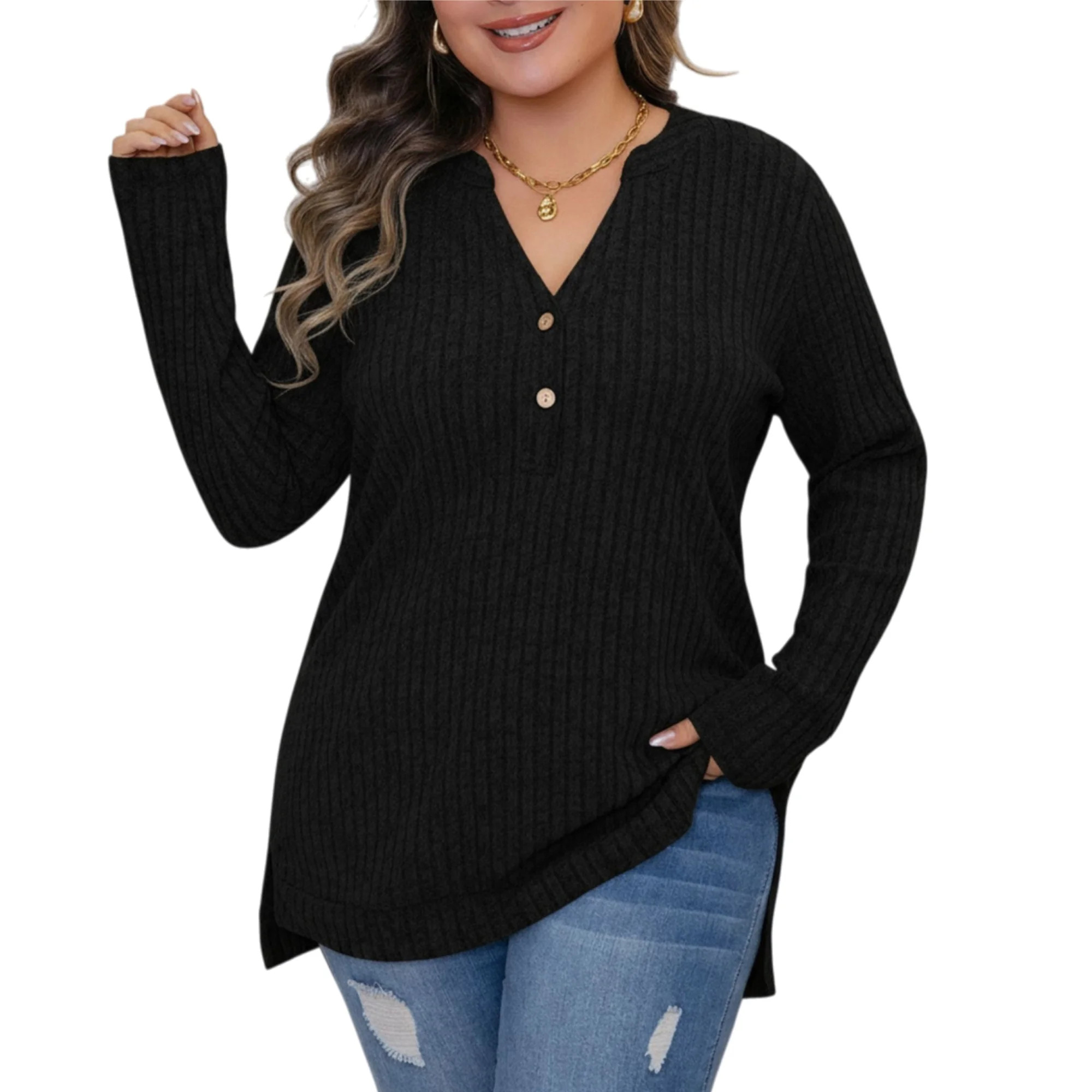 AviBest Womens Sweater Plus Size Long Sleeve V-Neck Pullover Sweaters for Women Lightweight Brush... | Walmart (US)