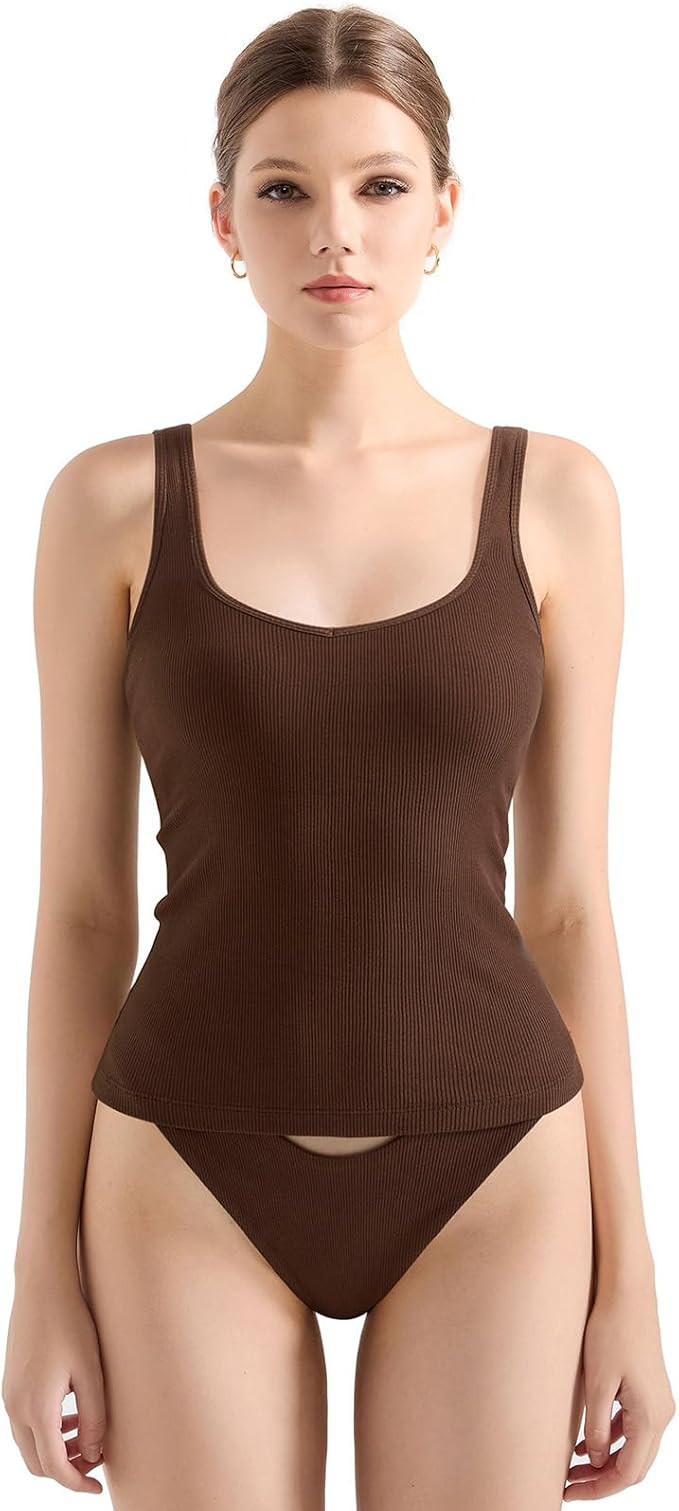 SUUKSESS Women Cotton Ribbed Built in Bra Tank Tops Shirts Summer Casual Basic Backless Going Out... | Amazon (US)