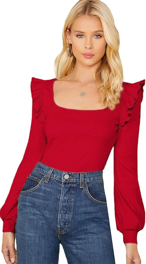 SheIn Women's Long Sleeve Scoop Neck Ruffle Trim Top Blouse Lantern Sleeve Solid Tee | Amazon (US)