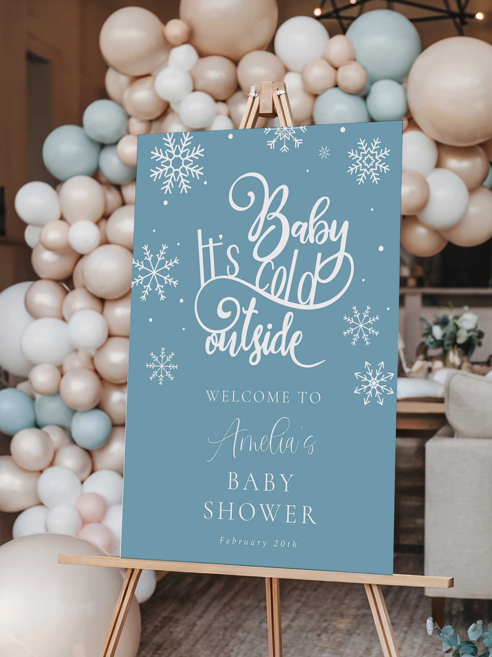 It’s cold outside ❄️ A cozy winter baby shower welcome sign in soft blue tones. 

 #LTKBaby #LTKBump