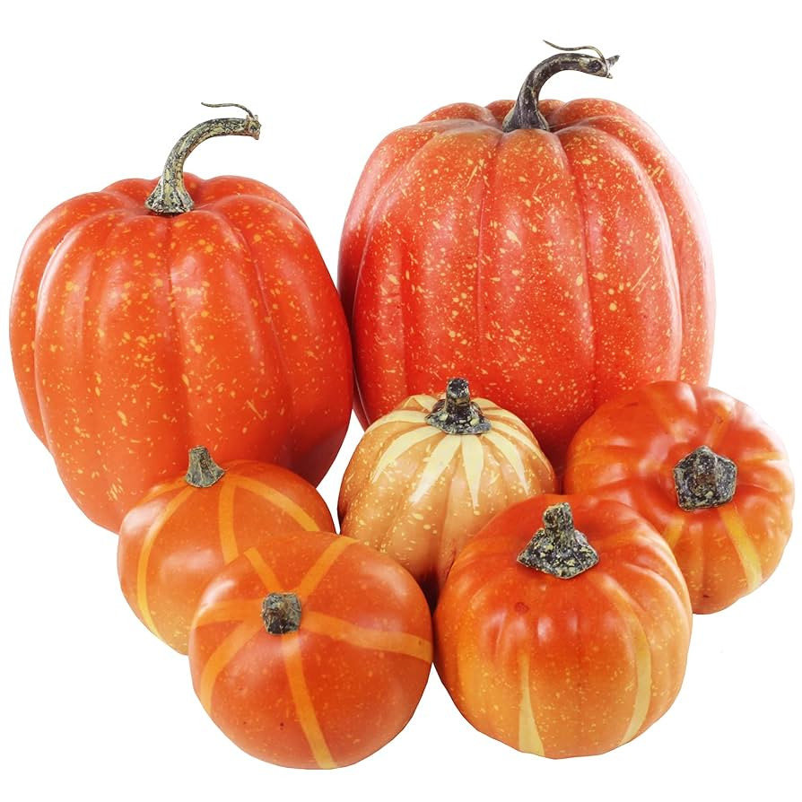 Winlyn 7 Pcs Assorted Artificial Orange Pumpkins Harvest Decorative Foam Pumpkins for Farmhouse R... | Amazon (US)