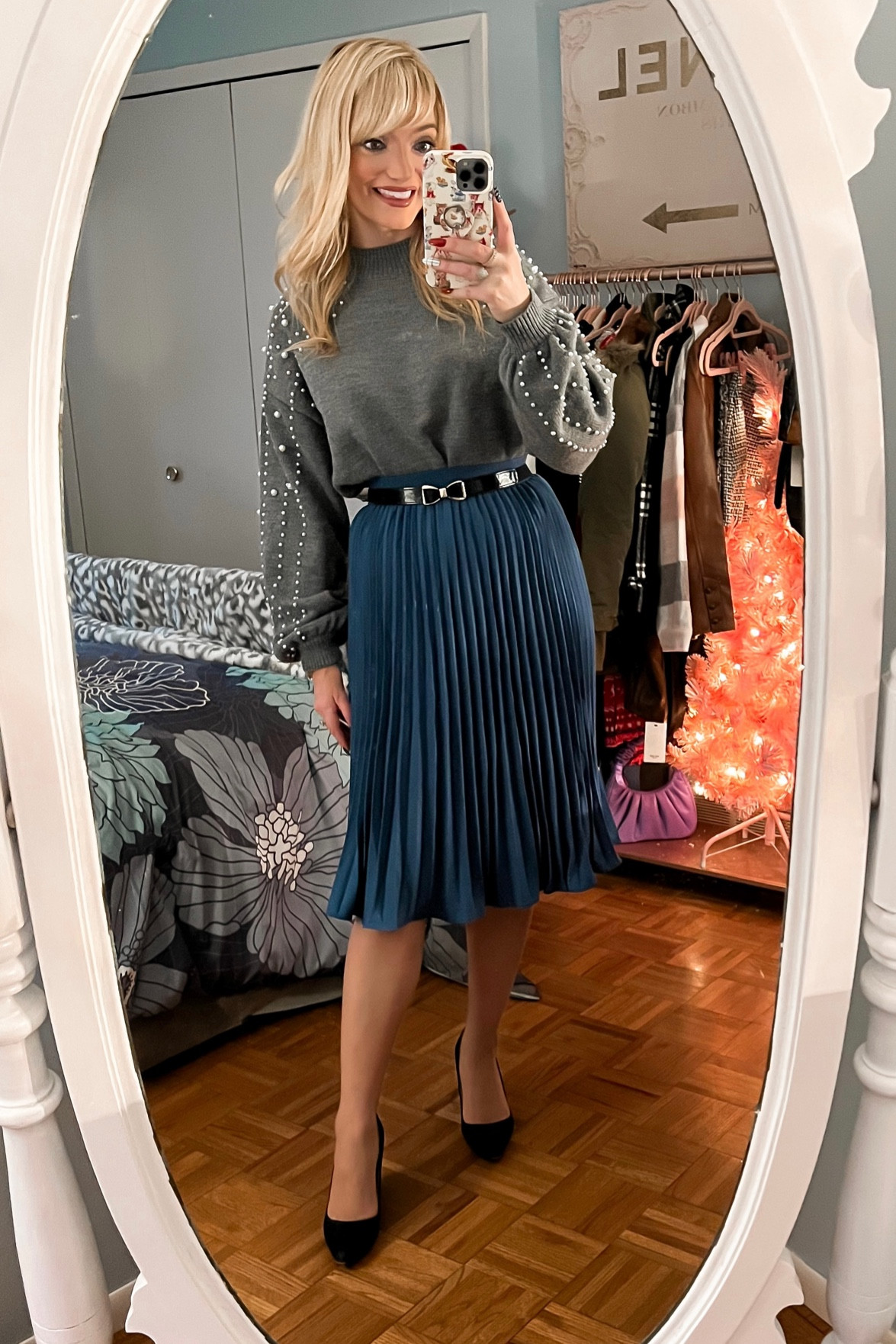 Wool sweater with Pearl detail - navy blue pleated skirt - bow belt - holiday outfit - vintage - Amazon Fashion - Amazon finds 

#LTKHoliday #LTKunder50 #LTKSeasonal