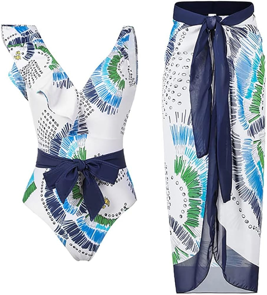 IDOPIP Women's One Piece Swimsuit with Beach Cover up Wrap Skirt Sarong Retro Floral Print Bikini... | Amazon (US)