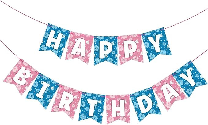 Blue Pink Hibiscus Cartoon Birthday Banner, Pre-strung Happy Birthday Banner for Blue Pink Alien ... | Amazon (US)