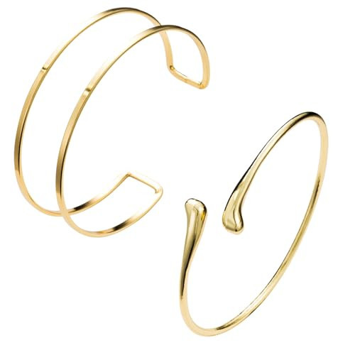 PZKQSAC 2Pcs Gold Arm Cuff Jewelry for Women Upper Arm Bracelet Bangle Open Adjustable Cuff Bracelet Minimalist Armband Stackable Jewelry for Summer Beach | Amazon (US)