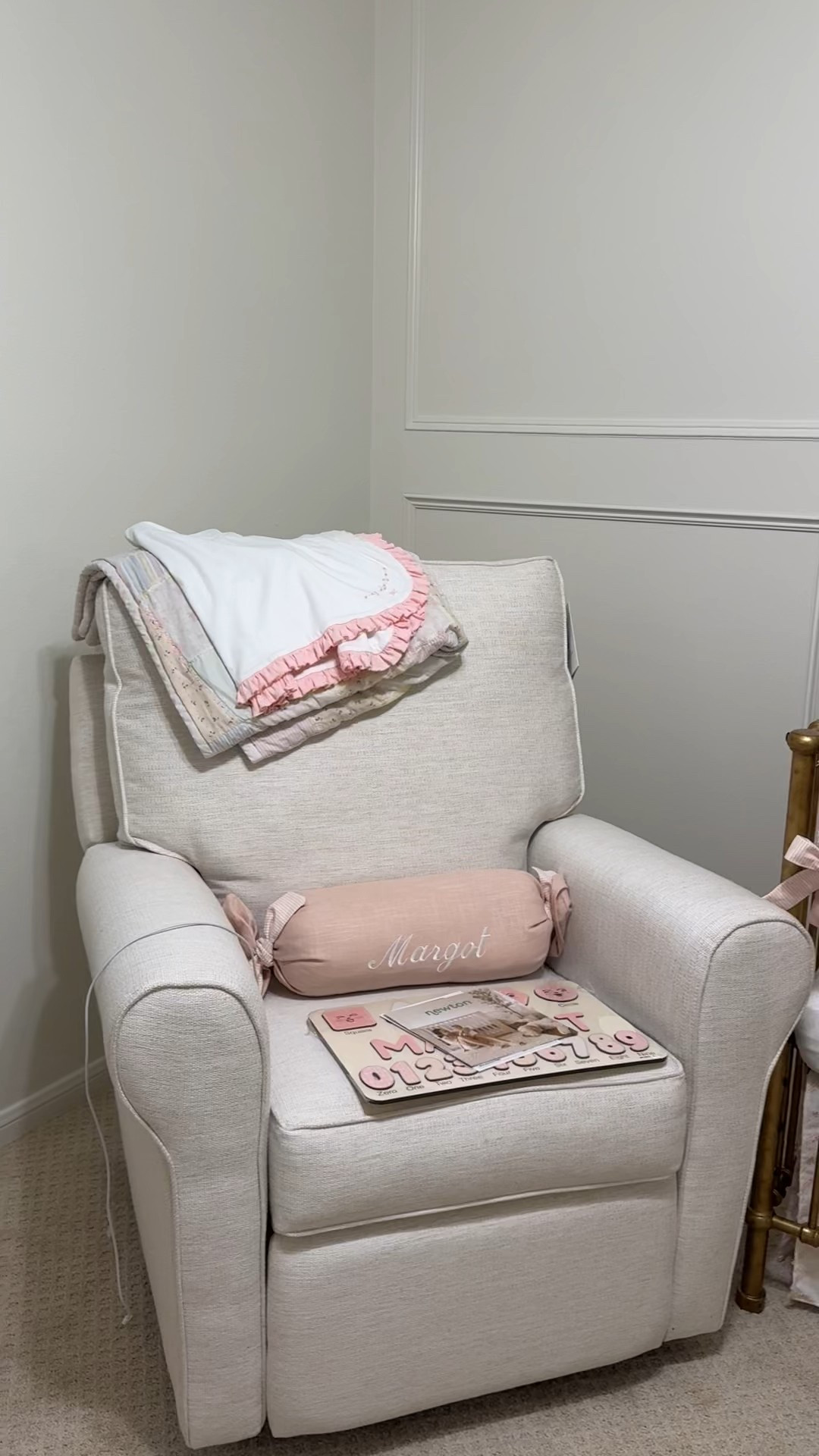 Baby Girl nursery is coming together… 🎀 

Power glider, gold antique baby bed, and custom bedding 💕

#LTKKids #LTKHome #LTKBump