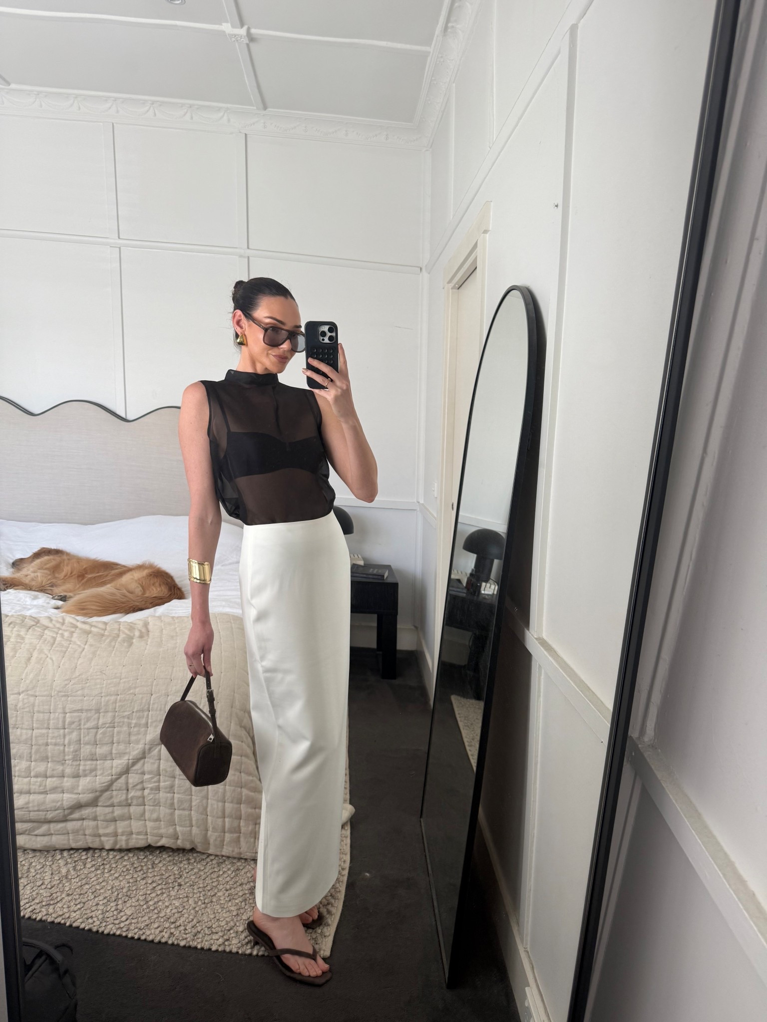 Tonight’s look~

Sheer black top 
White maxi skirt 
Brown suede mini bag 
Brown suede kitten heels 
Oversized sunglasses
Gold earrings

#LTKaustralia #LTKspring #LTKdatenight