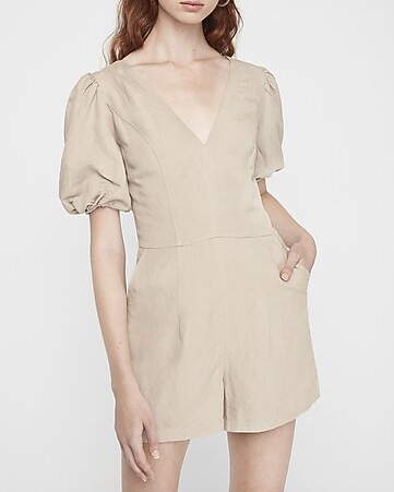 Linen-blend Puff Sleeve Romper | Express