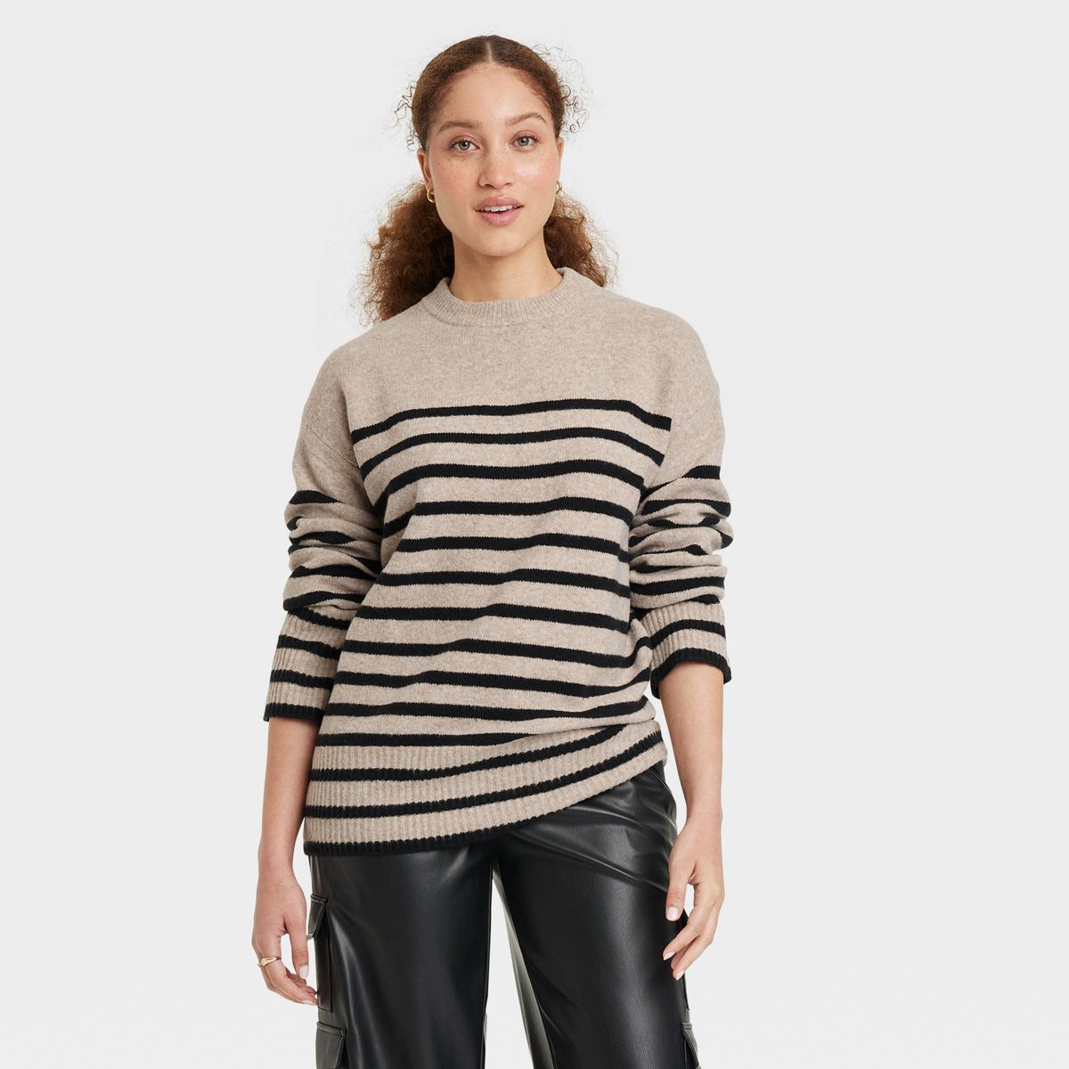 Women's Crewneck Tunic Pullover Sweater - A New Day™ Cream/Black Striped M | Target
