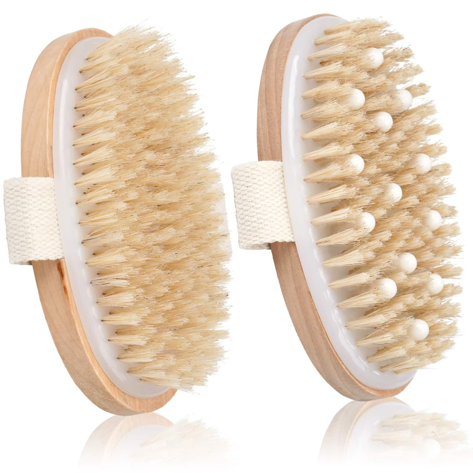 Amazon.com : 2 Pack Dry Brushing Body Brush, Natural Bristle Exfoliating Brush with Massage Nodes... | Amazon (US)