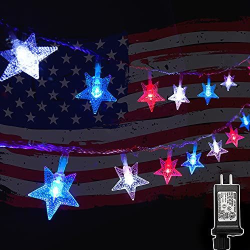 Twinkle 100 LED 49FT Red White Blue Star String Lights, 4th of July Decoration Lights, Plug in Fairy String Lights Waterproof, Extendable for Indoor, Outdoor, Independence Day Decor | Amazon (US)