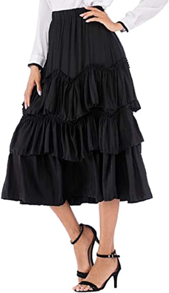 Uaneo Womens Boho Chiffon Ruffle Tiered Elastic High Waist A Line Midi Skirts | Amazon (US)