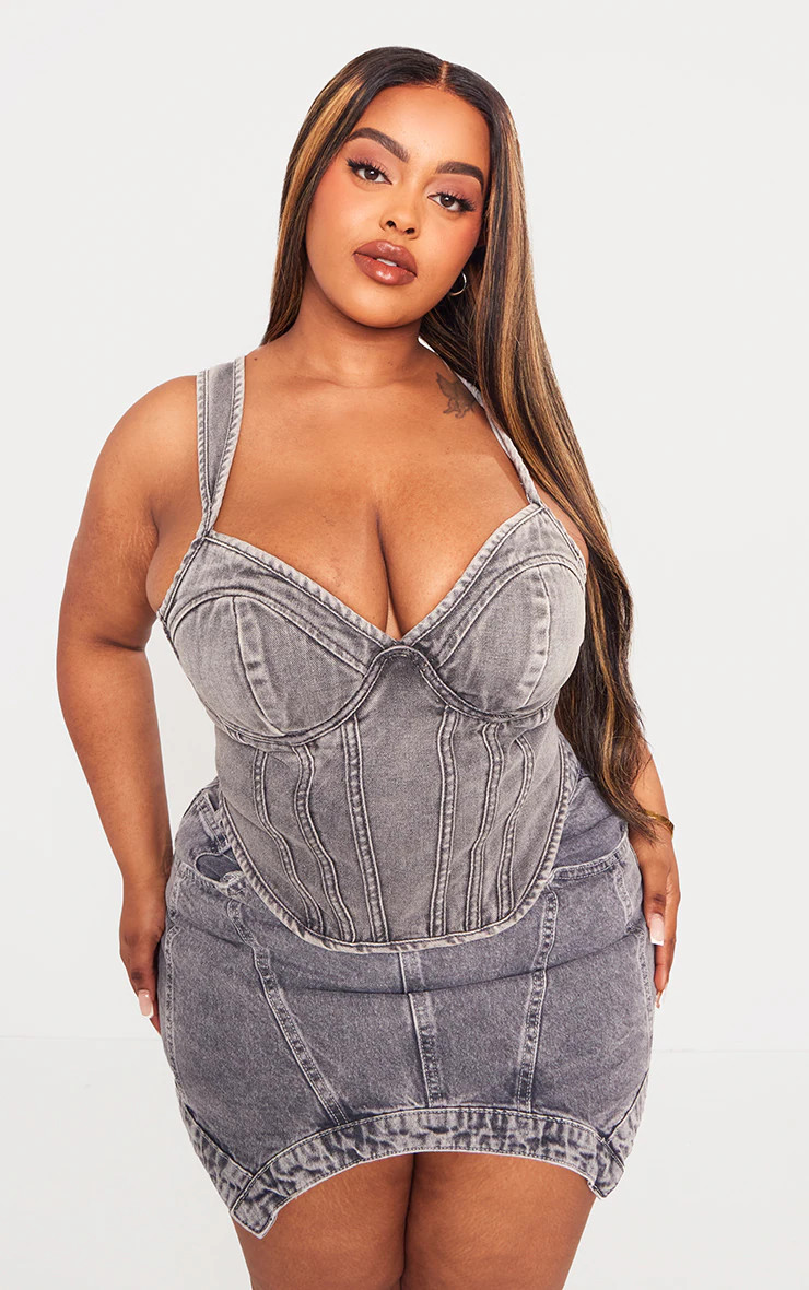 Plus Washed Grey Dip Hem Bust Cup Denim Corset | PrettyLittleThing US