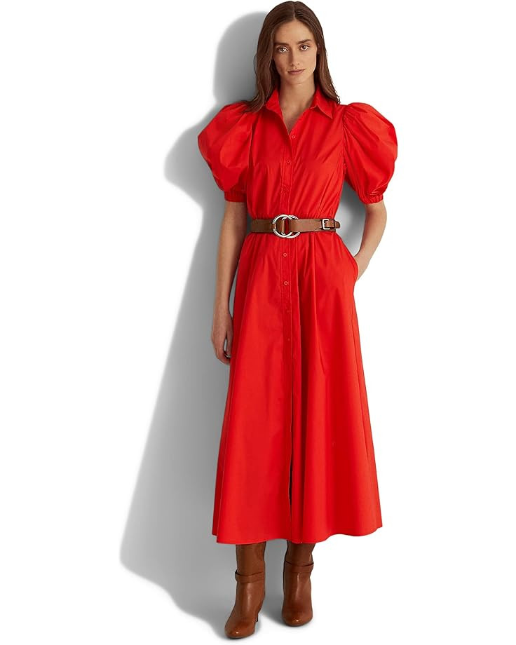 LAUREN Ralph Lauren Puff-Sleeve Cotton Midi Dress | Zappos