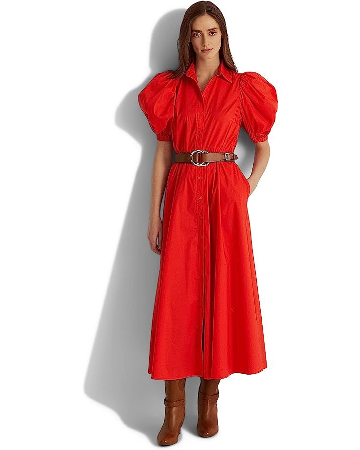LAUREN Ralph Lauren Puff-Sleeve Cotton Midi Dress | Zappos