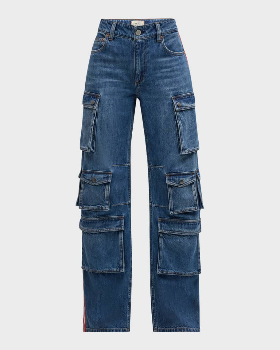 Alice + Olivia Olympia Mid-Rise Baggy Cargo Jeans with Side Stripes | Neiman Marcus