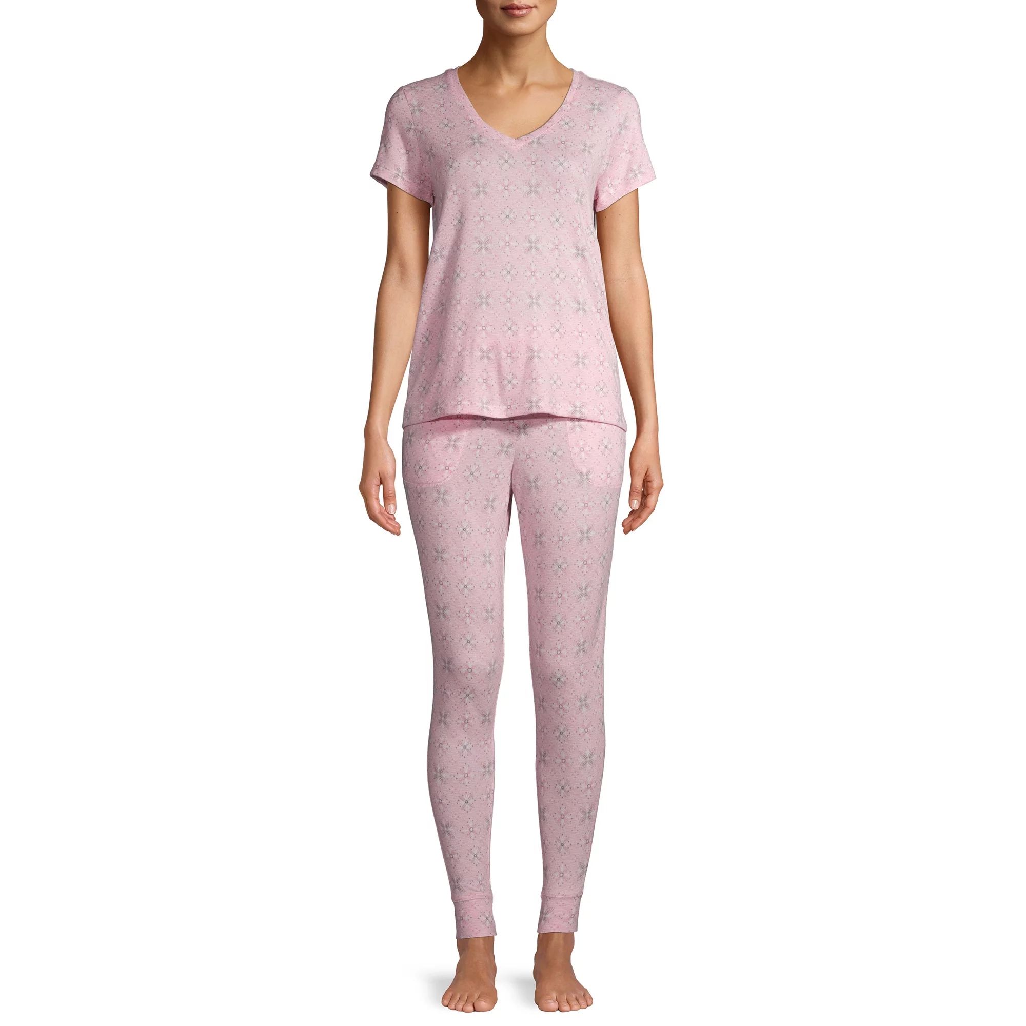 Jaclyn Intimates Women's V-Neck T-Shirt with Pocket and Jogger 2-Piece Pajama Set | Walmart (US)