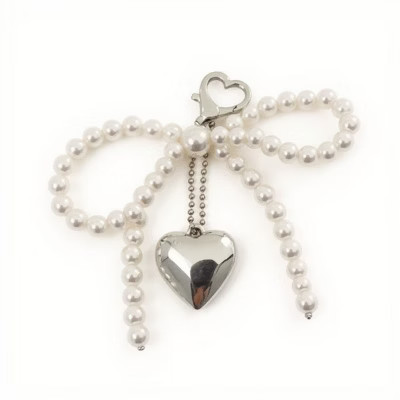 Alilang Pearl Beaded Bow Keychain with Silver Heart Charm and Heart Clip - White | Target