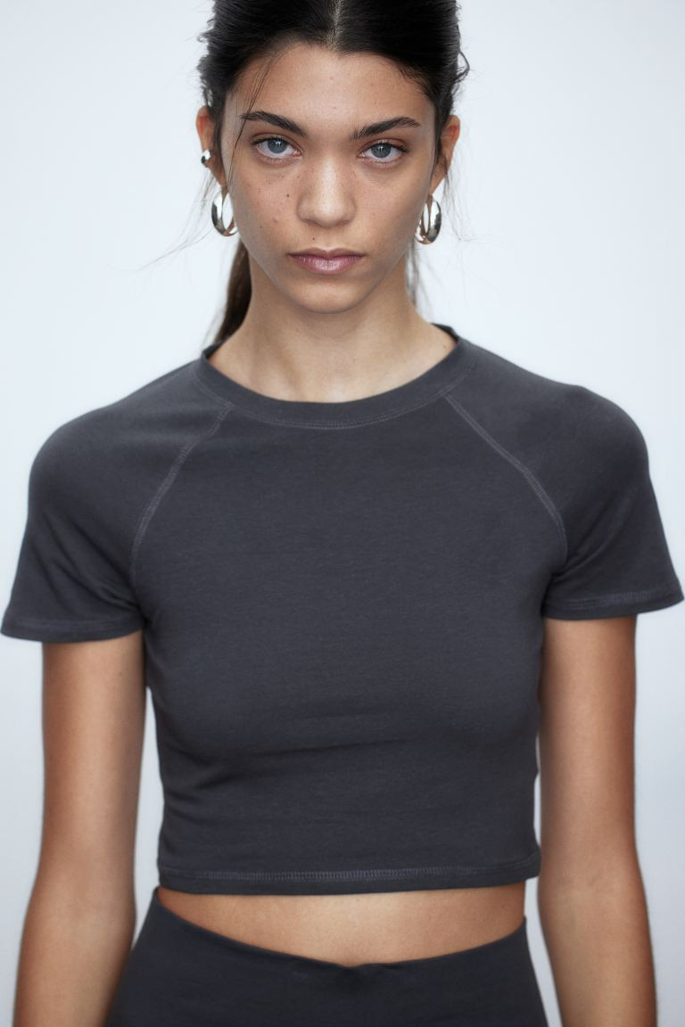 Cropped T-shirt - Dark grey marl - Ladies | H&M GB | H&M (UK, MY, IN, SG, PH, TW, HK)