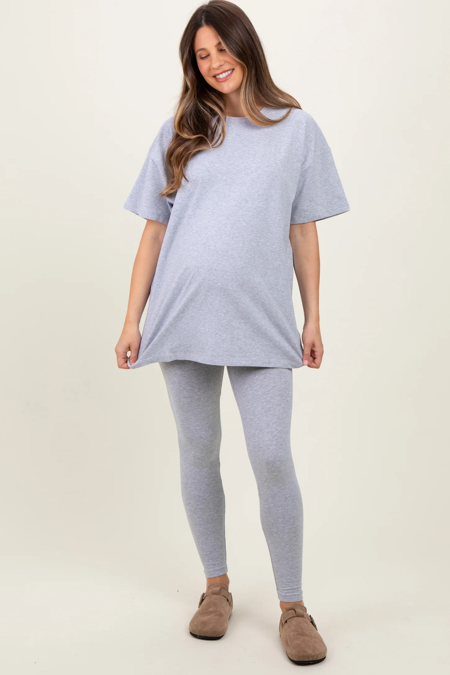 Heather Grey Oversized Crewneck Short Sleeve and Legging Maternity Set | PinkBlush Maternity